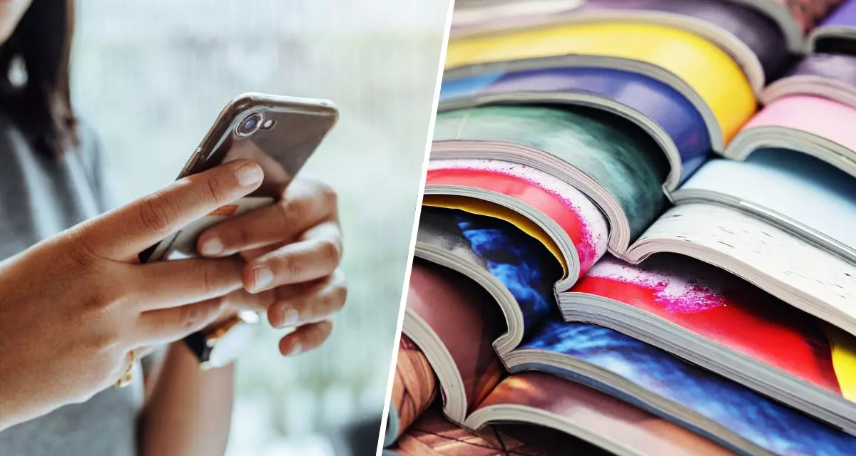 Fotocollage. Links eine Frau, die aufs Handy blickt, rechts ein Stapel Zeitschriften.