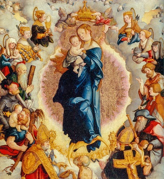 Der Wildensteiner Altar zählt zum eingetragenen Kulturgut. Das Bild zeigt die Mitteltafel. Foto: Wikicommons | Meister von Meßkirch (gemeinfrei) Gemälde von Maria mit Jesuskind, umringt von Heiligen.