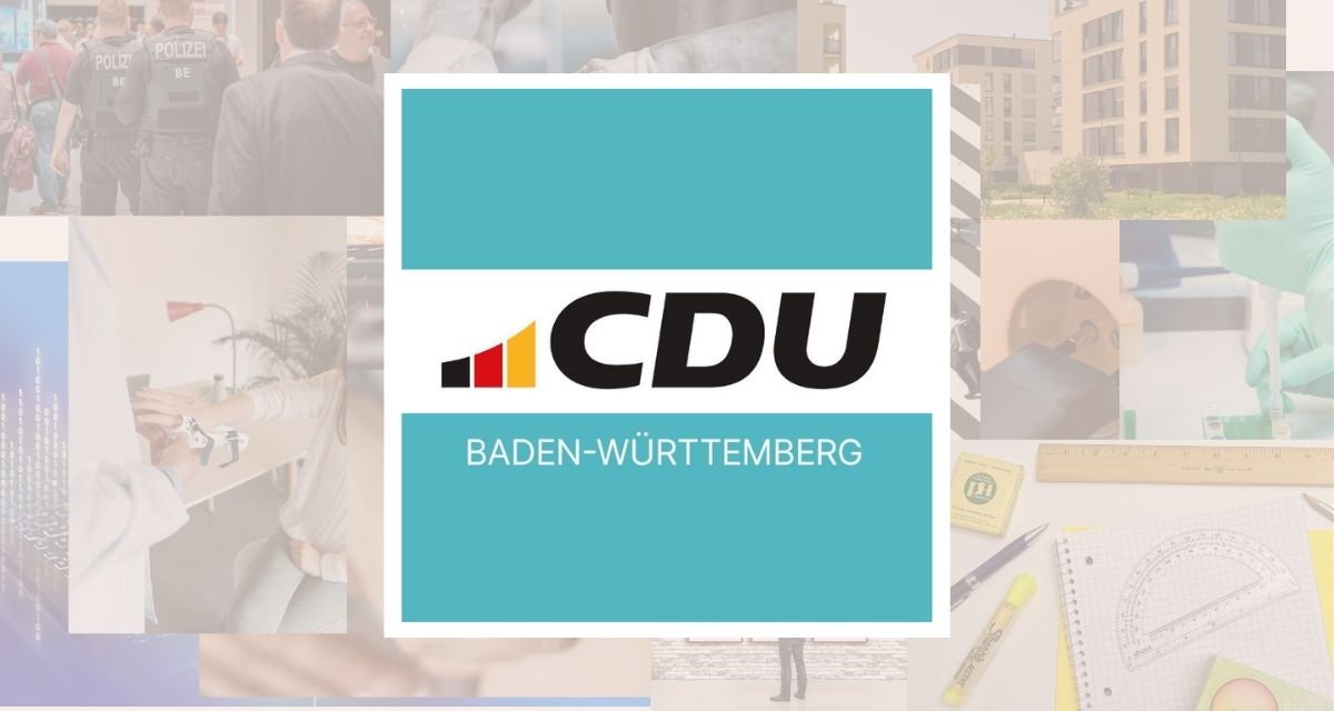 Collage: LpB BW, Fotos; Pixabay, Unsplash Logo der CDU Baden-Württemberg, im Hintergrund eine Collage von Fotos zu verschiedenen Themen.
